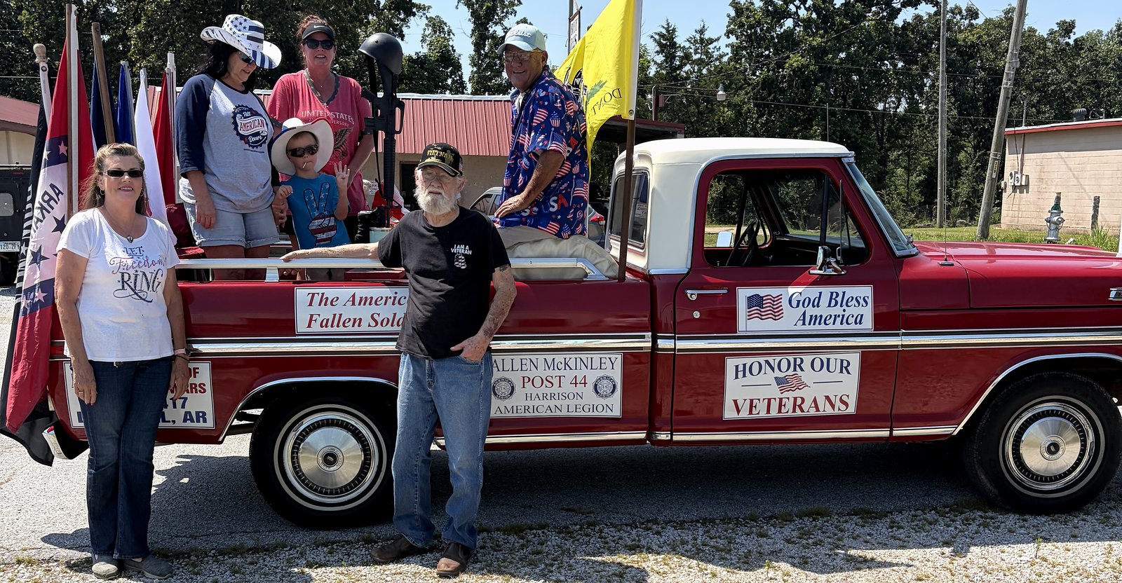Allen McKinley Post 44 Harrison American Legion parade truck with local veterans and family members